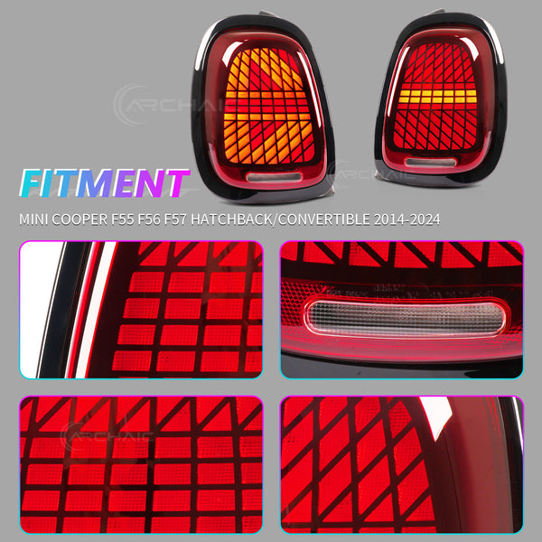 Mini Cooper F55 F56 F57 LED Tail Lights 2014–2024 | Sequential Turn Signal Rear Lamps by Archaic | Smoked & Red Options